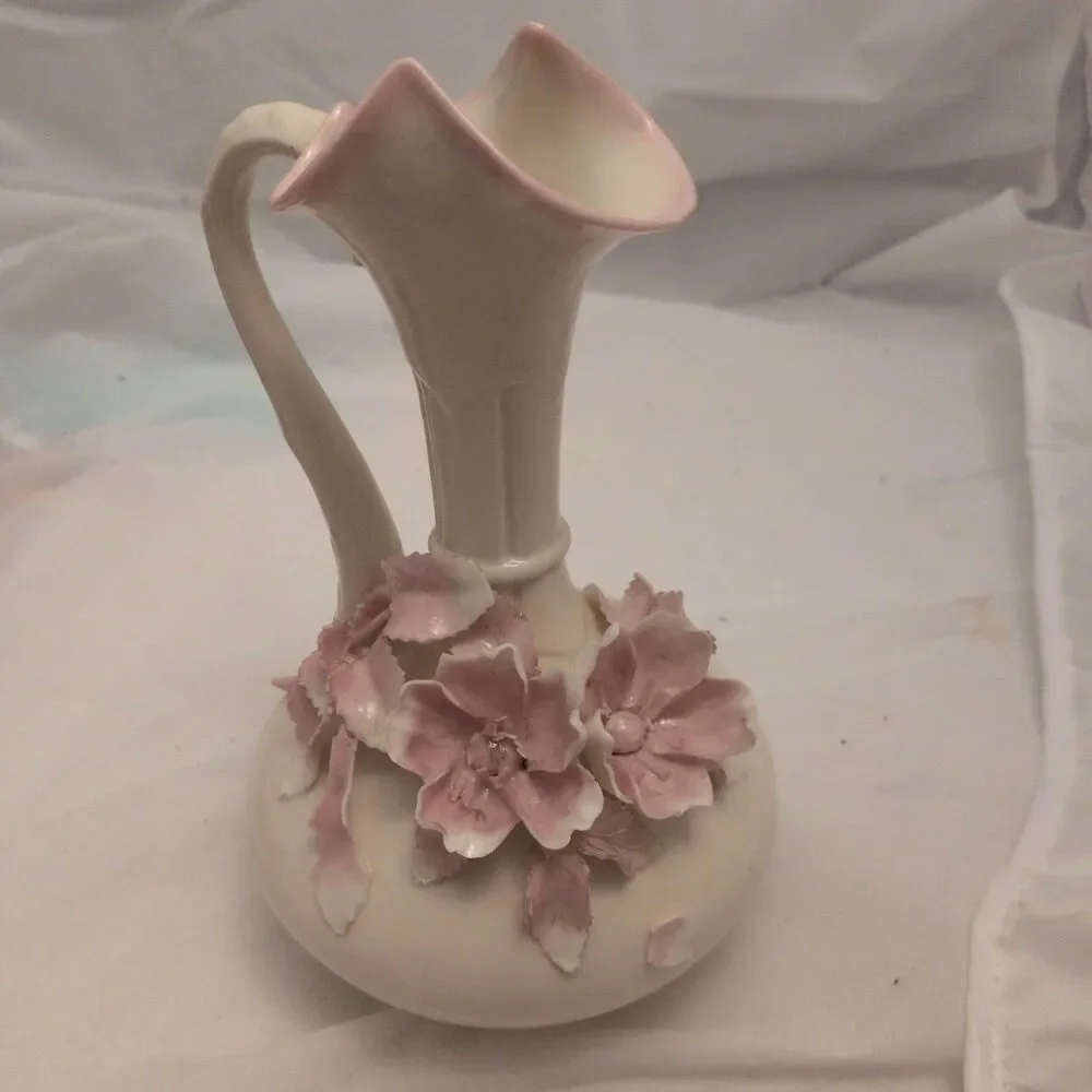 Vintage Lefton China Floral Ewer Pitcher Vase 22-28-70 Hand Painted Japan